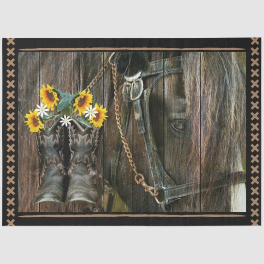 Horse Cowboy Boots Sunflower Rustic Barn Board Tissuepapier (Voorkant)