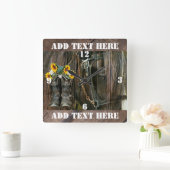 Horse Cowboy Boots Sunflower Rustic Barn Board Vierkante Klok (Huis)