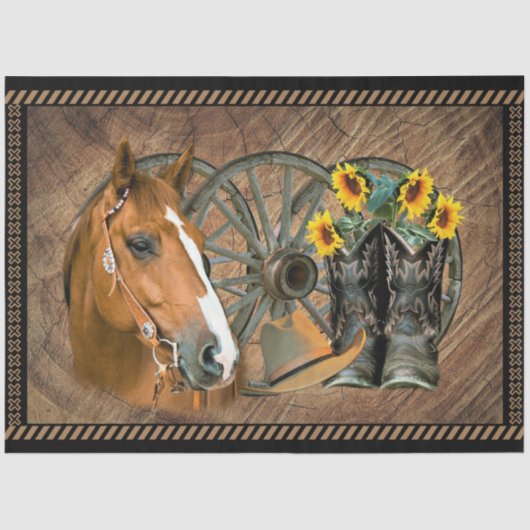 Horse Cowboy Boots Wagon Wheel Rustige Barn Wood Tissuepapier (Voorkant)