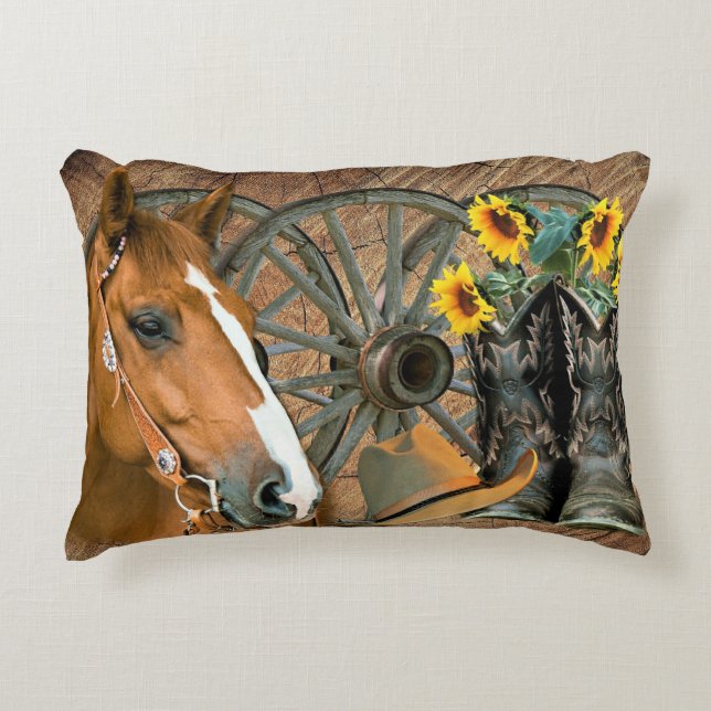 Horse Cowboy Boots Wagon Wheel Sunflower Western Accent Kussen (Voorkant)