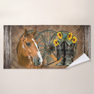 Horse Cowboy Boots Wagon Wheel Sunflower Western Bad Handdoek