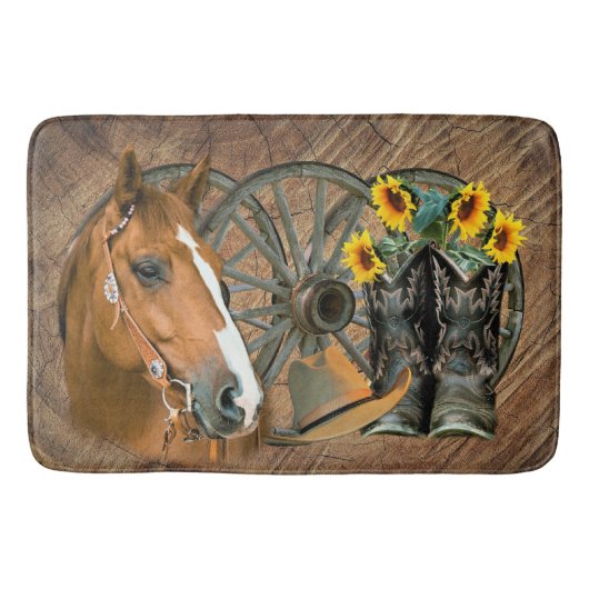 Horse Cowboy Boots Wagon Wheel Sunflower Western Badmat (Voorkant)