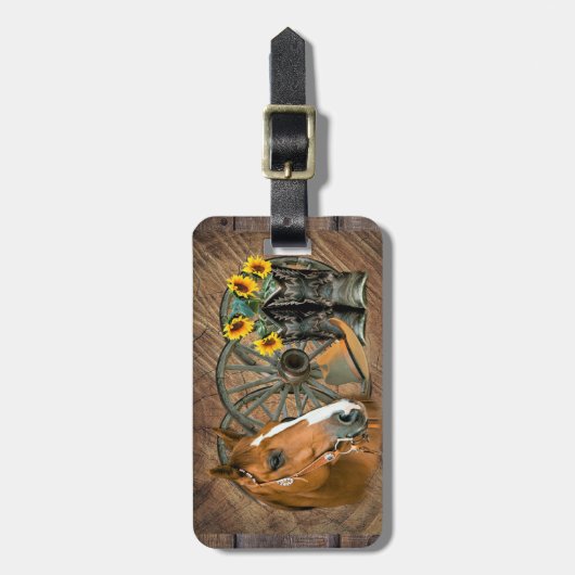 Horse Cowboy Boots Wagon Wheel Sunflower Western Bagagelabel (Voorkant verticaal)
