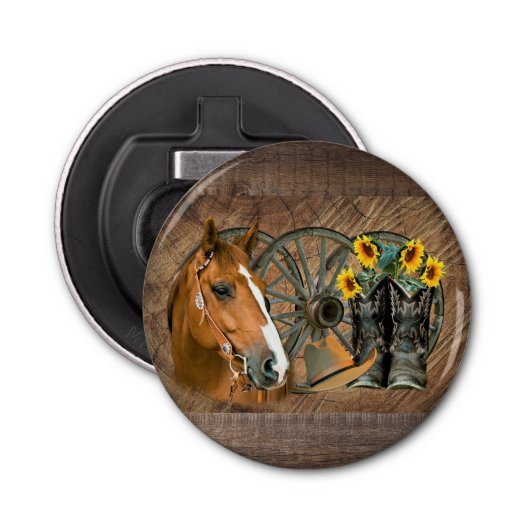Horse Cowboy Boots Wagon Wheel Sunflower Western Button Flesopener (Voorkant)
