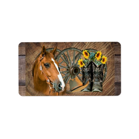 Horse Cowboy Boots Wagon Wheel Sunflower Western Etiket (Voorkant)