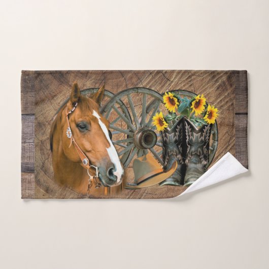 Horse Cowboy Boots Wagon Wheel Sunflower Western Handdoek (Handdoek)