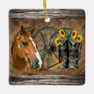 Horse Cowboy Boots Wagon Wheel Sunflower Western Keramisch Ornament