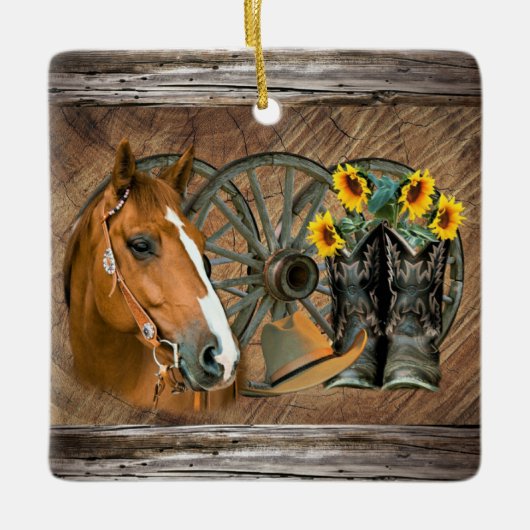 Horse Cowboy Boots Wagon Wheel Sunflower Western Keramisch Ornament (Voorkant)