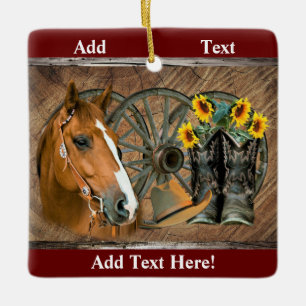 Horse Cowboy Boots Wagon Wheel Sunflower Western Keramisch Ornament