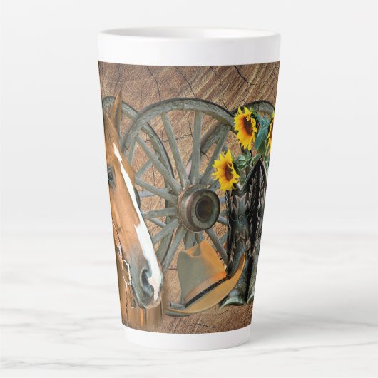 Horse Cowboy Boots Wagon Wheel Sunflower Western Latte Mok (Voorkant)