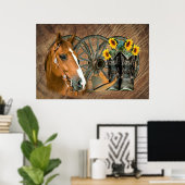 Horse Cowboy Boots Wagon Wheel Sunflower Western Poster (Thuiskantoor)