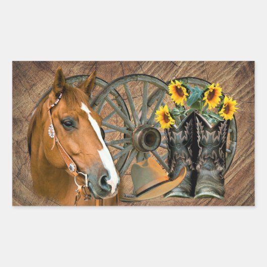 Horse Cowboy Boots Wagon Wheel Sunflower Western Rechthoekige Sticker (Voorkant)