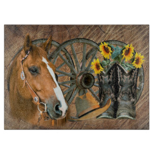Horse Cowboy Boots Wagon Wheel Sunflower Western Snijplank