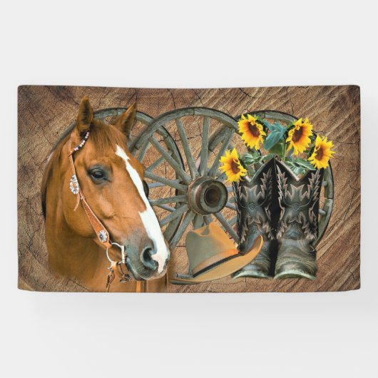 Horse Cowboy Boots Wagon Wheel Sunflower Western Spandoek (Horizontaal)