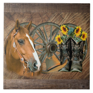 Horse Cowboy Boots Wagon Wheel Sunflower Western Tegeltje