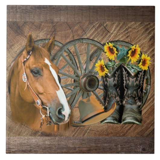 Horse Cowboy Boots Wagon Wheel Sunflower Western Tegeltje (Voorkant)