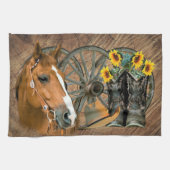 Horse Cowboy Boots Wagon Wheel Sunflower Western Theedoek (Horizontaal)