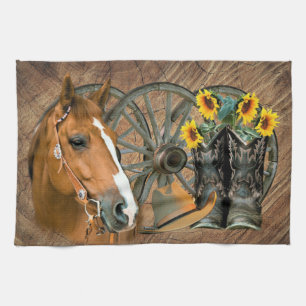 Horse Cowboy Boots Wagon Wheel Sunflower Western Theedoek
