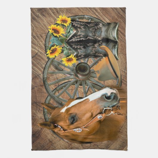 Horse Cowboy Boots Wagon Wheel Sunflower Western Theedoek (Verticaal)