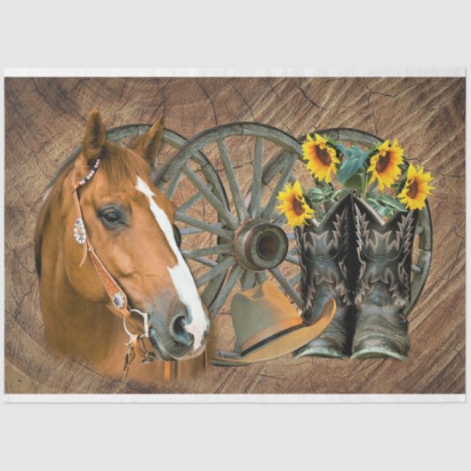 Horse Cowboy Boots Wagon Wheel Sunflower Western Tissuepapier (Voorkant)