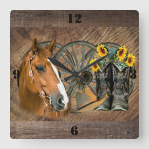 Horse Cowboy Boots Wagon Wheel Sunflower Western Vierkante Klok