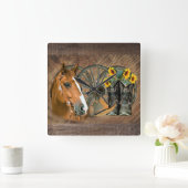 Horse Cowboy Boots Wagon Wheel Sunflowers Western Vierkante Klok (Huis)