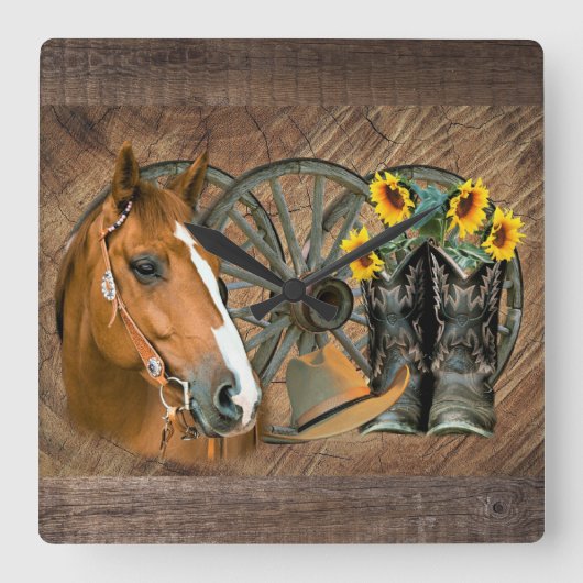 Horse Cowboy Boots Wagon Wheel Sunflowers Western Vierkante Klok (Voorkant)
