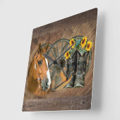 Horse Cowboy Boots Wagon Wheel Sunflowers Western Vierkante Klok (Hoek)