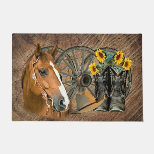 Horse Cowboy Boots Wagon Wheel Western Deurmat (Voorkant)