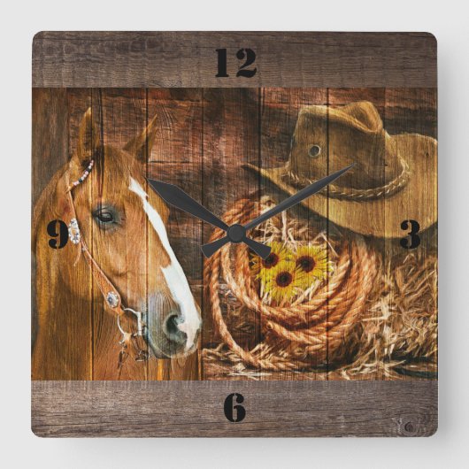 Horse Cowboy Pet Lasso Sunflower Rustige Barn Boar Vierkante Klok (Voorkant)