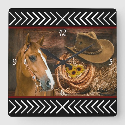Horse Cowboy Pet Lasso Western Patroon Vierkante Klok (Voorkant)