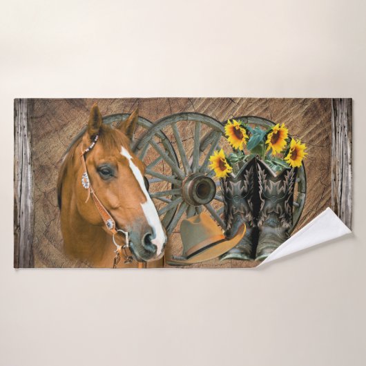 Horse Cowboy Pet Westerne Wagon Wheels Sunflower Bad Handdoek (Badhanddoek)