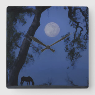 Horse en eikenboom "Blue Moon"-klok Vierkante Klok
