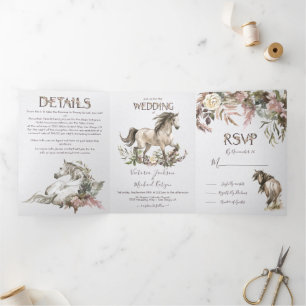Horse Floral Ranch bruiloft drievoudige uitnodigin Drieluik Uitnodiging