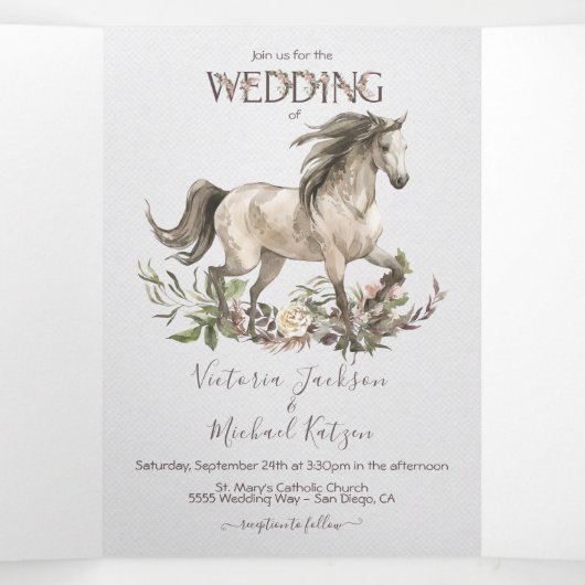 Horse Floral Ranch bruiloft drievoudige uitnodigin Drieluik Uitnodiging (Binnenkant midden)