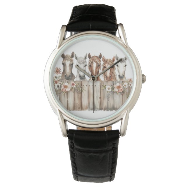 Horse Floral Watch – Whimsical Timepiece Horloge (Voorkant)