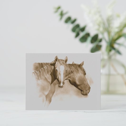 HORSE, FOAL: SEPIA: PENCIL BRIEFKAART (Staand voorkant)