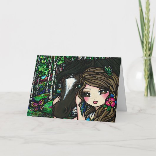 Horse Forest Butterfly Flower Fantasy Fairy Girl Kaart (Voorkant)