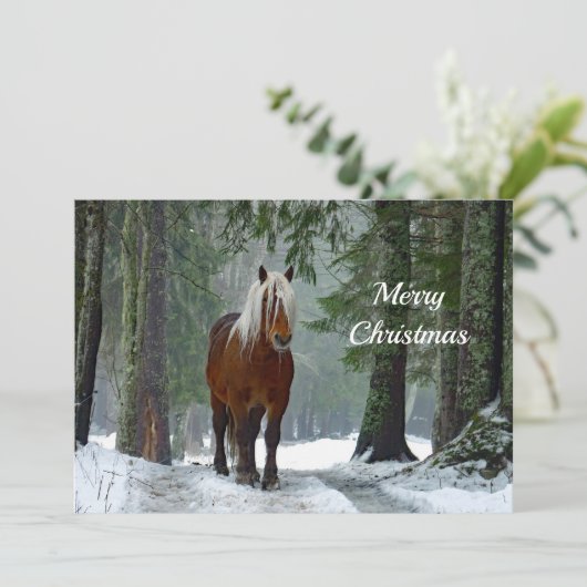 Horse Forest Snow Waterverf kerstflat Feestdagenkaart (Staand voorkant)