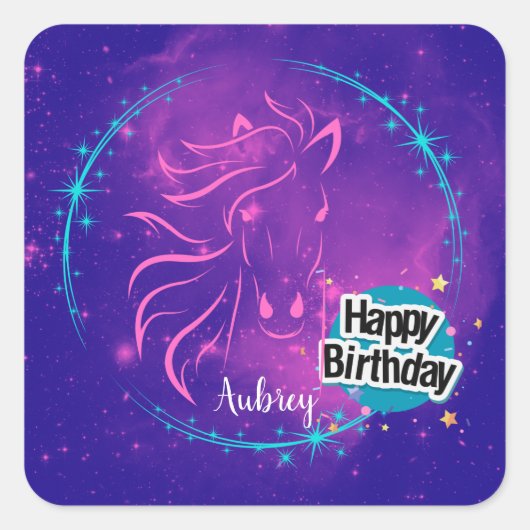 Horse Galaxy Happy Birthday - persoonlijk Vierkante Sticker (Voorkant)