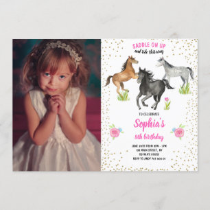 Horse Girl Birthday Noite Pink Floral met foto Kaart