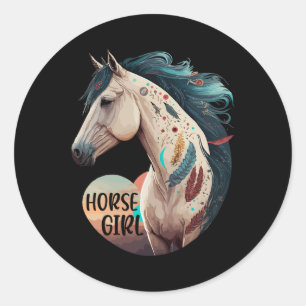 Horse Girl Bohemian Equestrian Portret Horseback Ronde Sticker