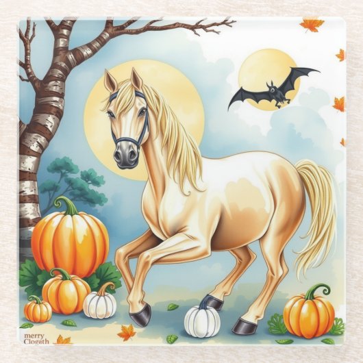 Horse Halloween With Pumpkin Glazen Onderzetter (Voorkant)