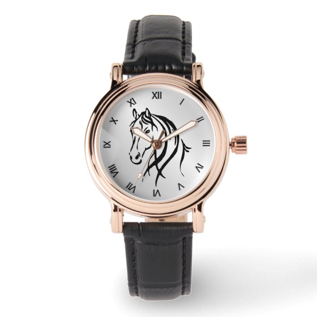 Horse Head op Silver met Romeinse cijfers Horloge (Voorkant)