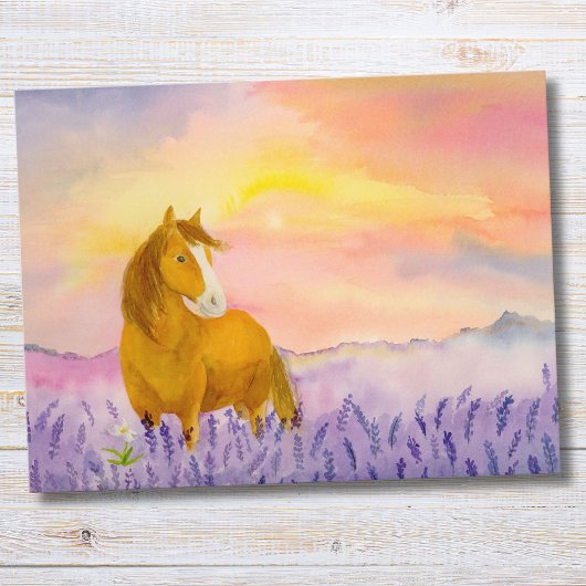 Horse in Lavender Field During Sunset  Briefkaart