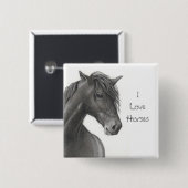 HORSE IN PENCIL: REALISME: HORSE LOVERS VIERKANTE BUTTON 5,1 CM (Voorkant /achterkant)