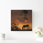 Horse in Southwestern Sunset Clock Vierkante Klok (Huis)
