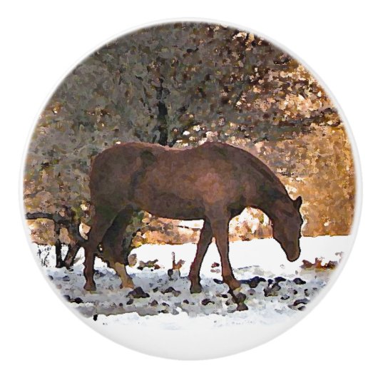 Horse in Winter Snow Ceramic Knob Keramische Knop (Voorkant)