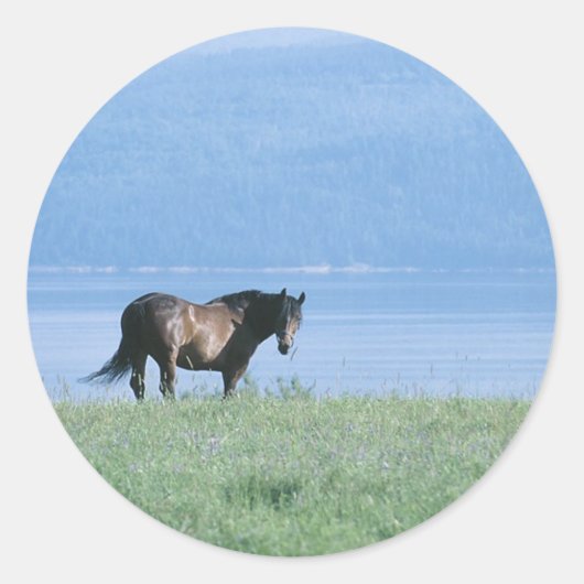 Horse, Lake en Mountain Scene Ronde Sticker (Voorkant)