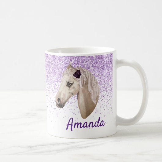 Horse Lover Monogram naam Glitter Kijk paars Koffiemok (Rechts)